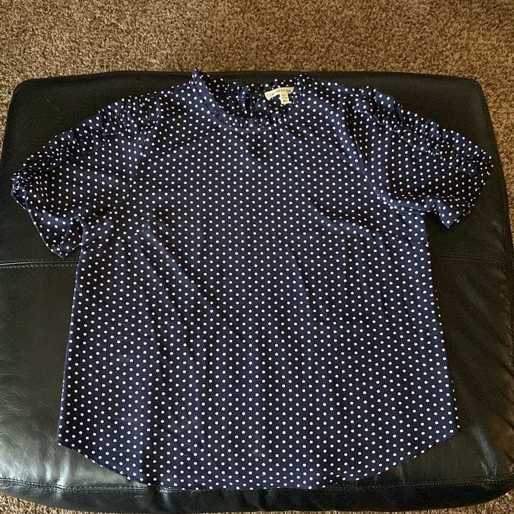 Monteau Navy and White Polka Dot Top.
